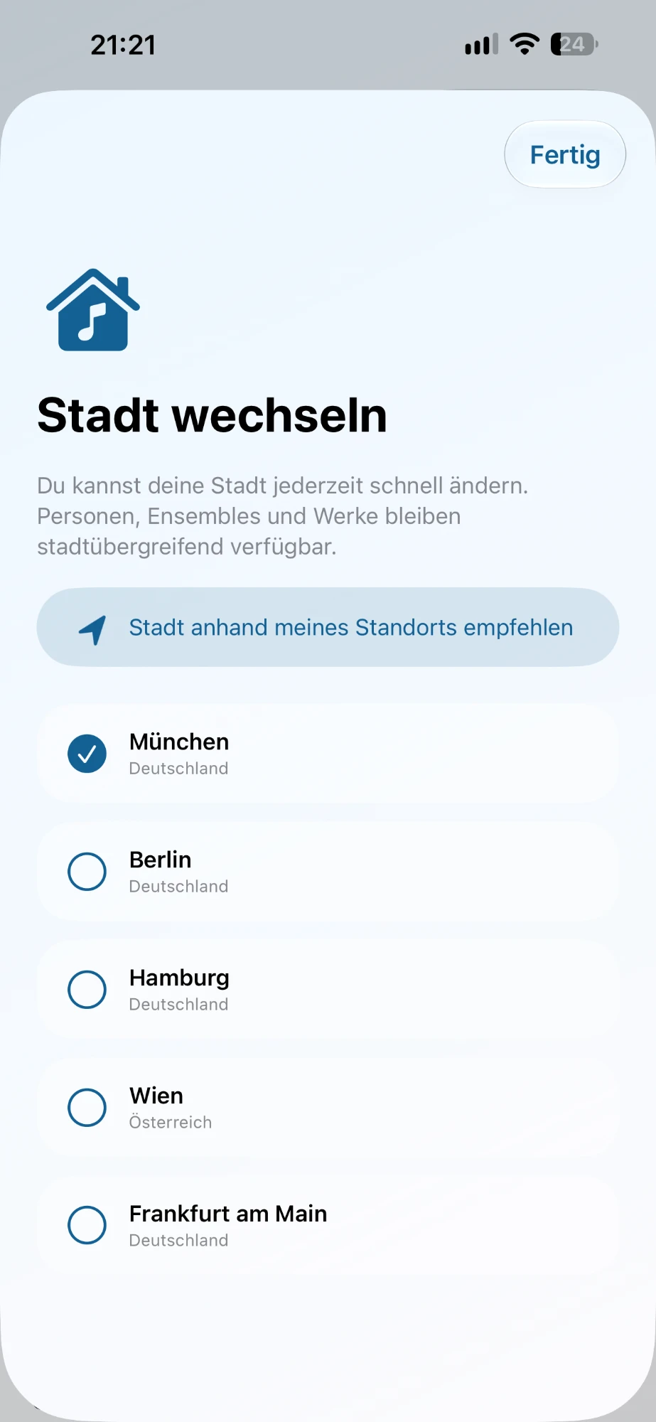 Stadtauswahl: München, Berlin, Hamburg, Wien, Frankfurt am Main