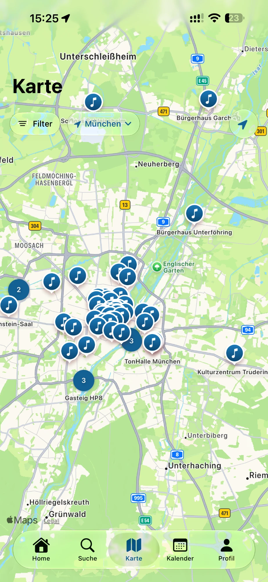 Karte mit allen Spielstätten in und um München